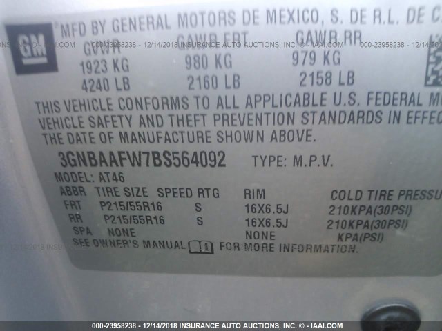 3GNBAAFW7BS564092 - 2011 CHEVROLET HHR LS Plata foto 9