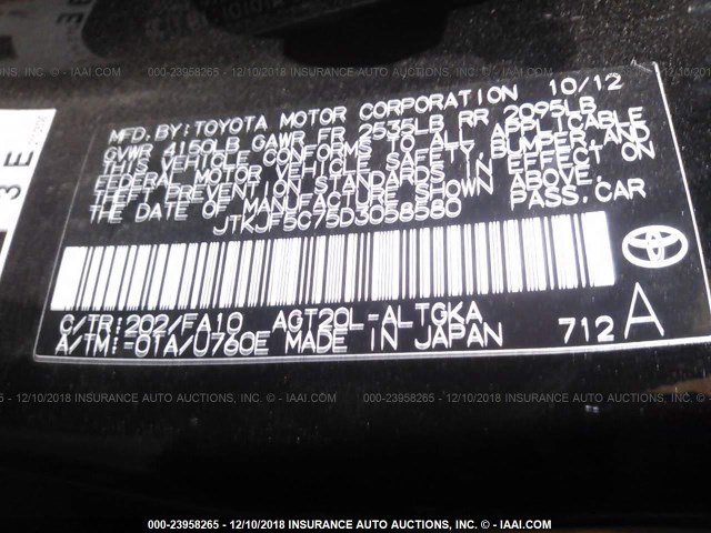 JTKJF5C75D3058580 - 2013 TOYOTA SCION TC შავი ფოტო 9