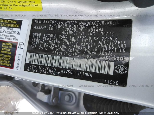 4T4BF1FK7ER344108 - 2014 TOYOTA CAMRY L/SE/LE/XLE 银色 照片 9