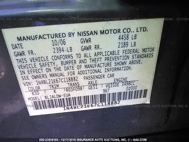 1N4BL21E67C118882 - 2007 NISSAN ALTIMA 3.5SE/3.5SL GRAY photo 9