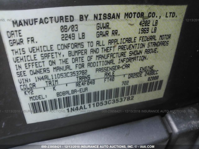 1N4AL11D53C353782 - 2003 NISSAN ALTIMA S/SL BEIGE photo 9