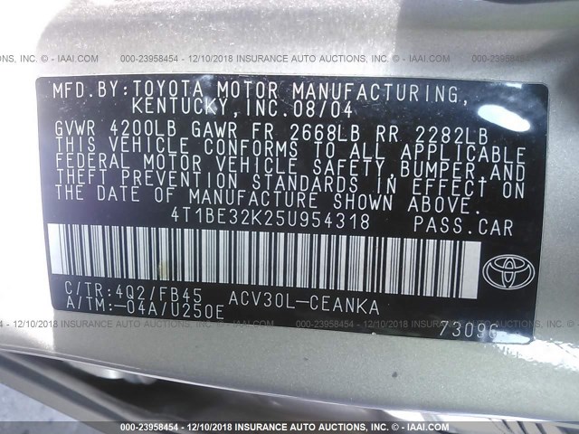 4T1BE32K25U954318 - 2005 TOYOTA CAMRY LE/XLE/SE TAN photo 9