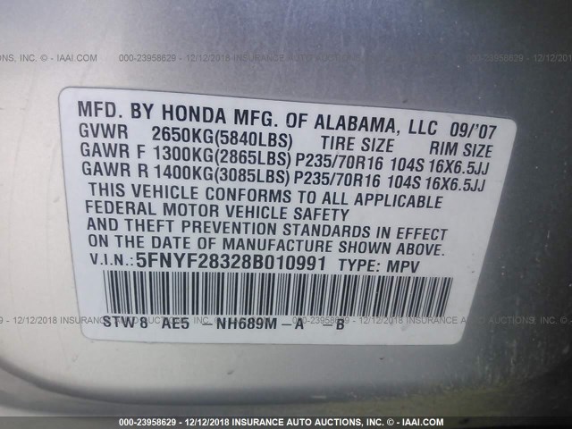 5FNYF28328B010991 - 2008 HONDA PILOT SE SILVER photo 9