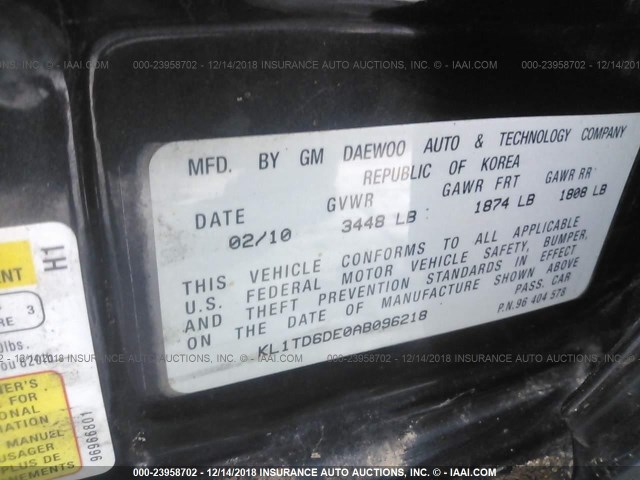 KL1TD6DE0AB096218 - 2010 CHEVROLET AVEO LS/LT Սև լուսանկար 9