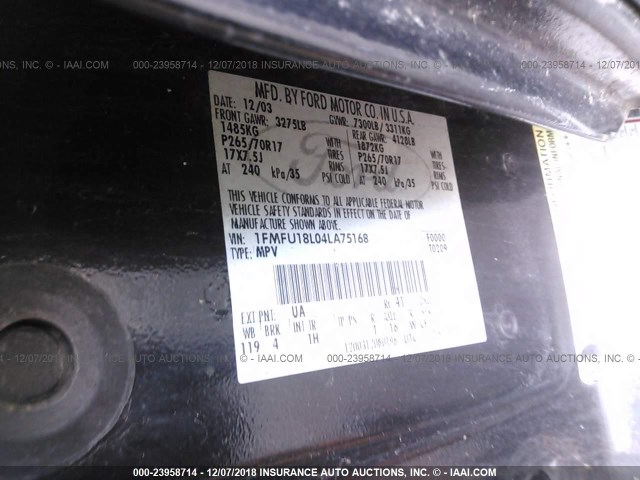 1FMFU18L04LA75168 - 2004 FORD EXPEDITION EDDIE BAUER BLACK photo 9