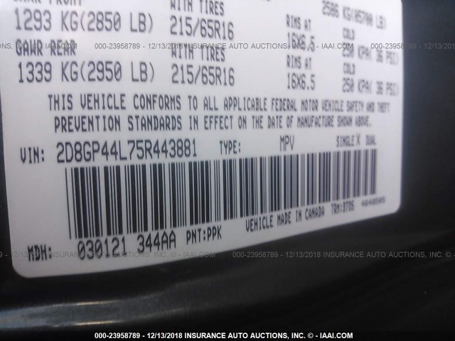 2D8GP44L75R443881 - 2005 DODGE GRAND CARAVAN SXT BLUE photo 9