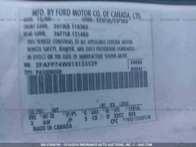 2FAFP74W81X133529 - 2001 FORD CROWN VICTORIA LX WHITE photo 9