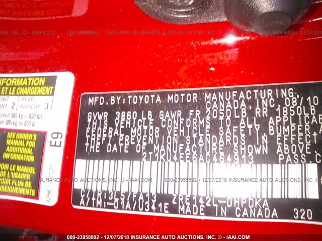 2T1KU4EE6AC464913 - 2010 TOYOTA COROLLA MATRIX  RED photo 9