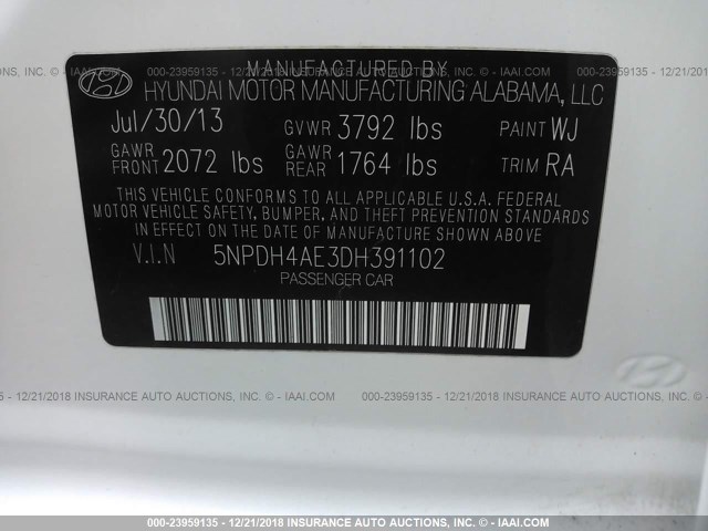 5NPDH4AE3DH391102 - 2013 HYUNDAI ELANTRA GLS/LIMITED WHITE photo 9