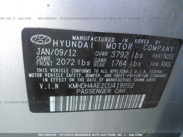 KMHDH4AE2CU419892 - 2012 HYUNDAI ELANTRA GLS/LIMITED GRAY photo 9