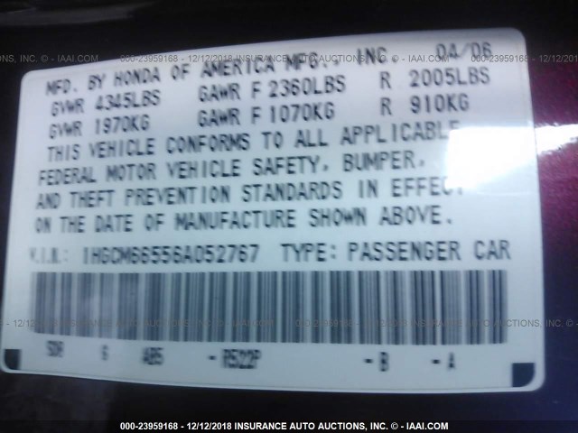 1HGCM66556A052767 - 2006 HONDA ACCORD EX MAROON photo 9