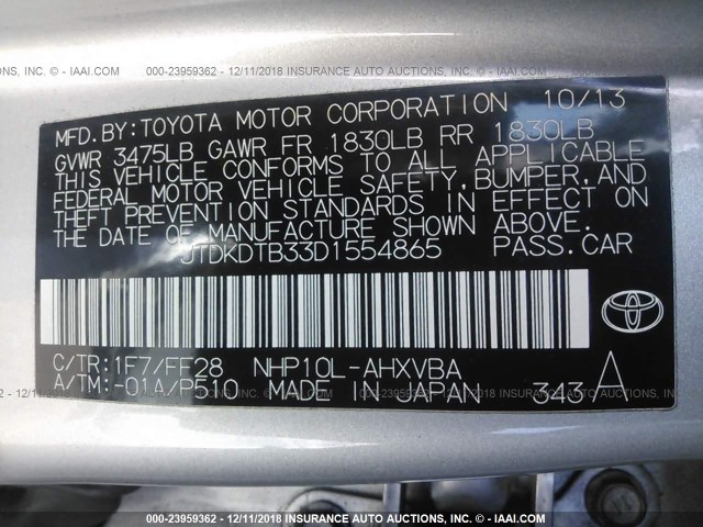 JTDKDTB33D1554865 - 2013 TOYOTA PRIUS C SILVER photo 9