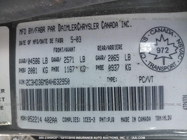 2C3HD36M84H632950 - 2004 CHRYSLER CONCORDE LXI GRAY photo 9