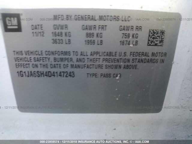 1G1JA6SH4D4147243 - 2013 CHEVROLET SONIC LS 白色 照片 9