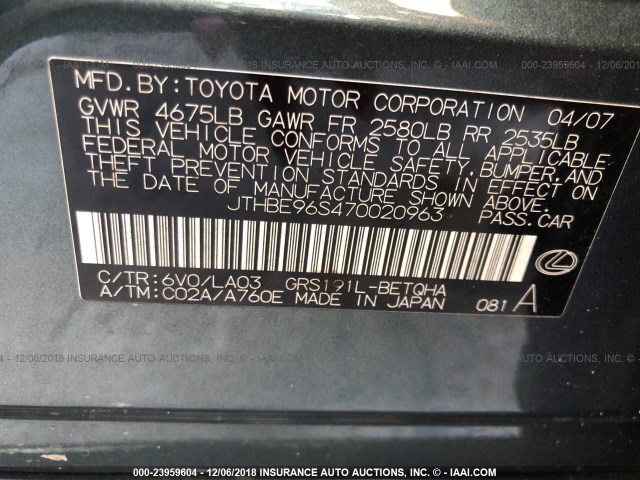 JTHBE96S470020963 - 2007 LEXUS GS 350 GREEN photo 9