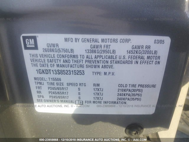 1GKDT13S852315253 - 2005 GMC ENVOY GRAY photo 9