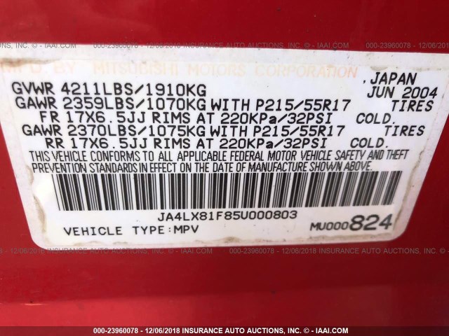 JA4LX81F85U000803 - 2005 MITSUBISHI OUTLANDER LIMITED RED photo 9