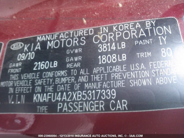 KNAFU4A2XB5317339 - 2011 KIA FORTE EX RED photo 9