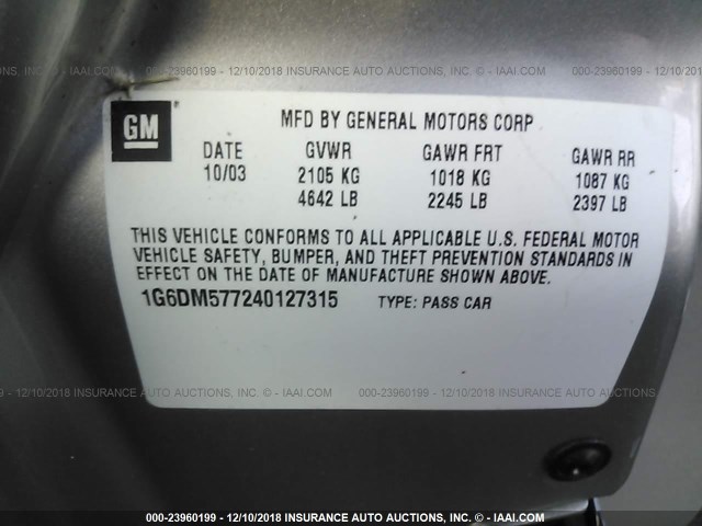 1G6DM577240127315 - 2004 CADILLAC CTS SILVER photo 9