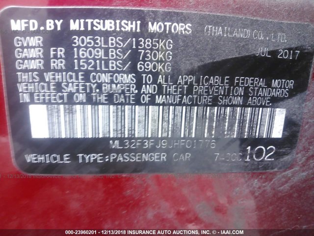 ML32F3FJ9JHF01776 - 2018 MITSUBISHI MIRAGE G4 ES Rojo foto 9