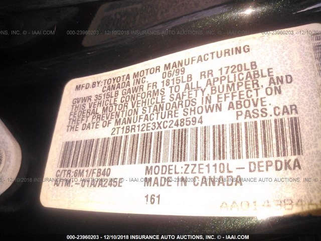 2T1BR12E3XC248594 - 1999 TOYOTA COROLLA VE/CE/LE 绿色 照片 9