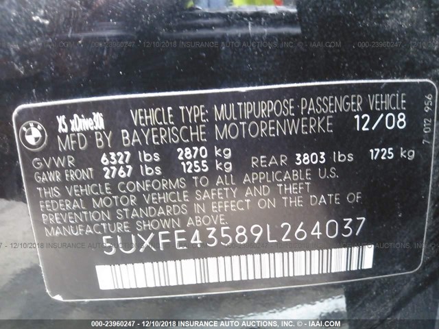 5UXFE43589L264037 - 2009 BMW X5 XDRIVE30I Սև լուսանկար 9