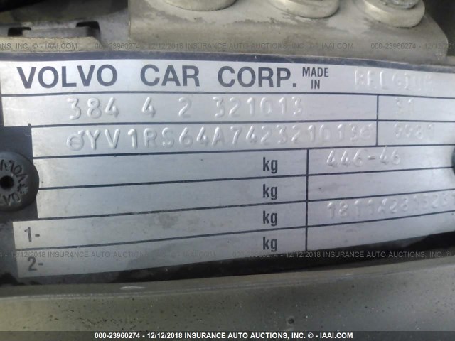 YV1RS64A742321013 - 2004 VOLVO S60 GRAY photo 9