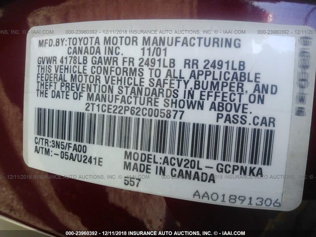 2T1CE22P62C005877 - 2002 TOYOTA CAMRY SOLARA SE RED photo 9