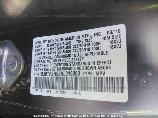 5J6TF2H52AL016363 - 2010 HONDA ACCORD CROSSTOUR EXL BLACK photo 9