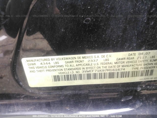 3VWEF71K97M161674 - 2007 VOLKSWAGEN JETTA WOLFSBURG 黑色 照片 9