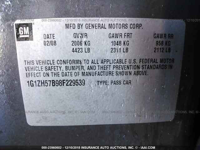 1G1ZH57B98F229539 - 2008 CHEVROLET MALIBU 1LT GRAY photo 9