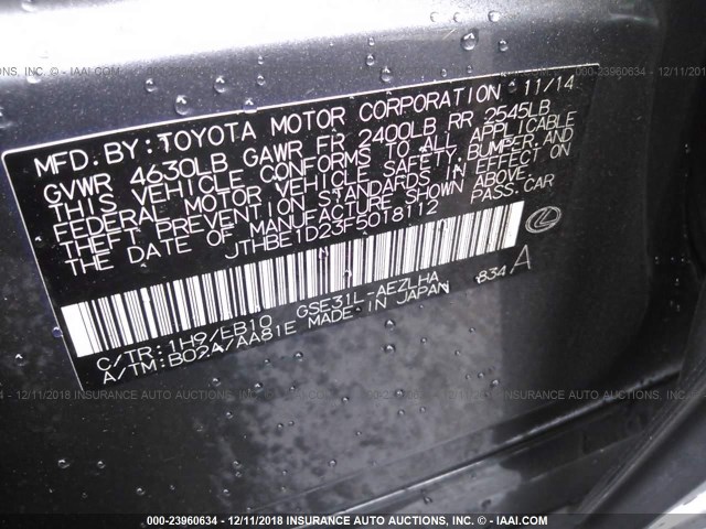 JTHBE1D23F5018112 - 2015 LEXUS IS 350 SILVER photo 9