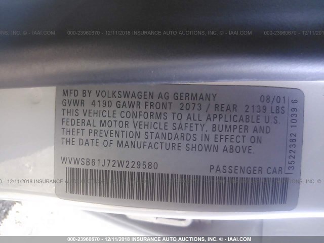 WVWSB61J72W229580 - 2002 VOLKSWAGEN JETTA GLS WHITE photo 9