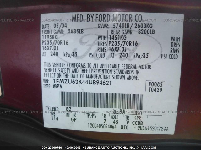 1FMZU63K44UB94621 - 2004 FORD EXPLORER XLT/XLT SPORT/NBX 红色 照片 9