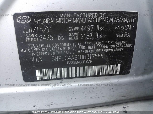 5NPEC4AB1BH317585 - 2011 HYUNDAI SONATA SE/LIMITED SILVER photo 9