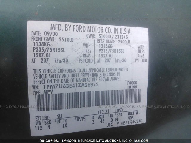 1FMZU63E41ZA26972 - 2001 FORD EXPLORER XLT GREEN photo 9