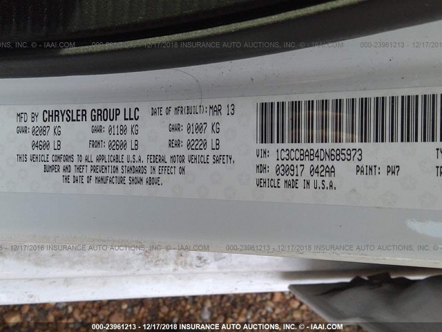 1C3CCBAB4DN685973 - 2013 CHRYSLER 200 LX WHITE photo 9