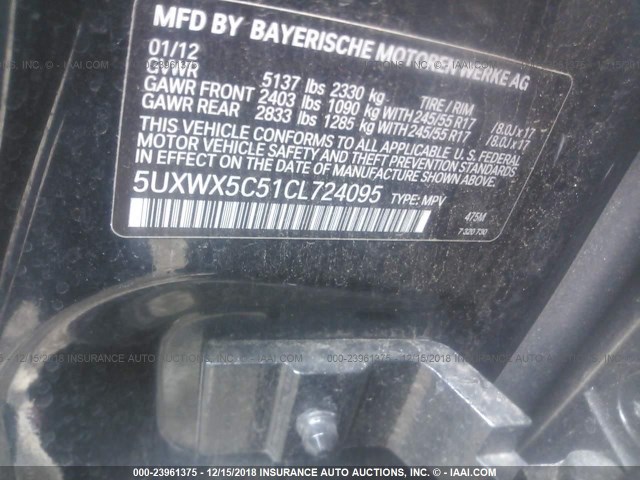 5UXWX5C51CL724095 - 2012 BMW X3 XDRIVE28I BLACK photo 9