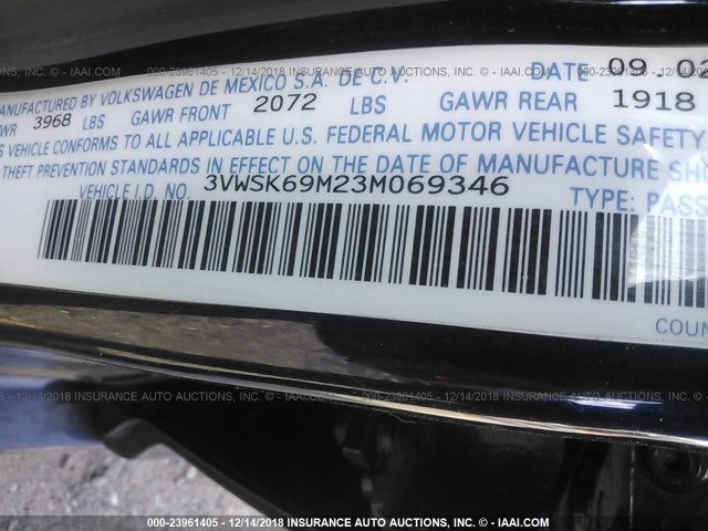 3VWSK69M23M069346 - 2003 VOLKSWAGEN JETTA GLS BLUE photo 9