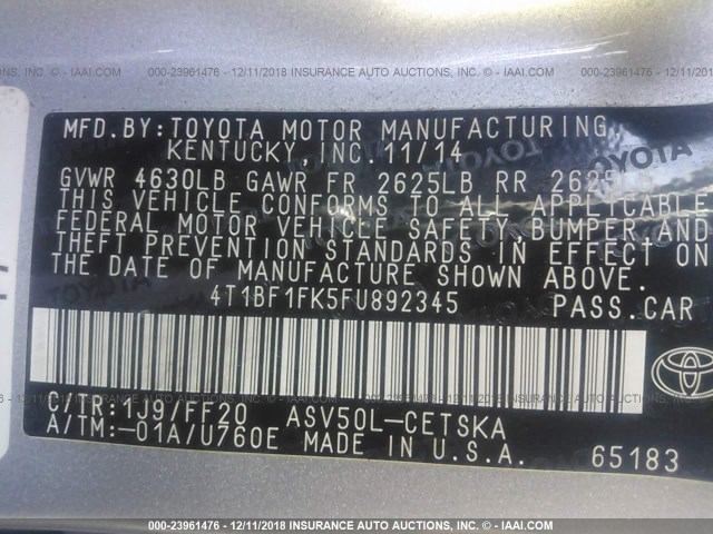 4T1BF1FK5FU892345 - 2015 TOYOTA CAMRY LE/XLE/SE/XSE SILVER photo 9