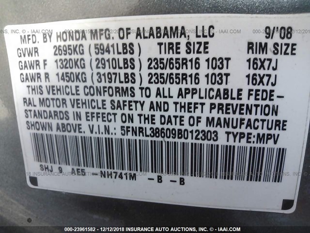 5FNRL38609B012303 - 2009 HONDA ODYSSEY EXL GRAY photo 9