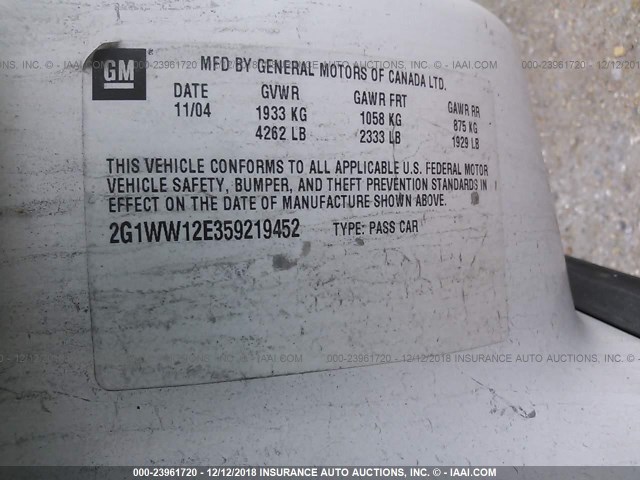 2G1WW12E359219452 - 2005 CHEVROLET MONTE CARLO LS 白色 照片 9