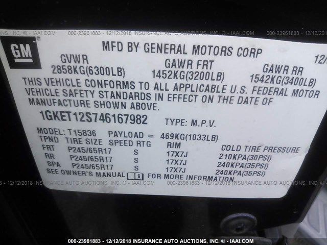 1GKET12S746167982 - 2004 GMC ENVOY XUV BLACK photo 9