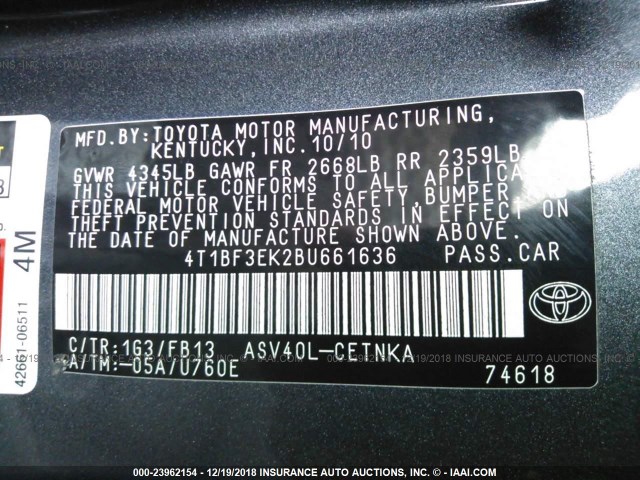 4T1BF3EK2BU661636 - 2011 TOYOTA CAMRY SE/LE/XLE GRAY photo 9