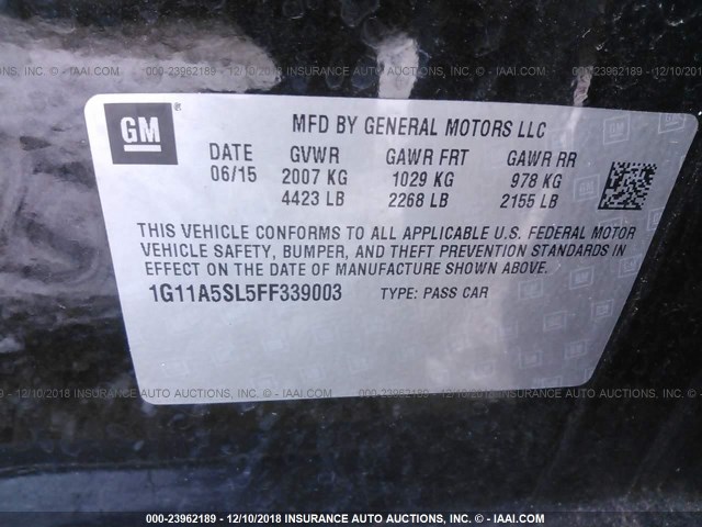 1G11A5SL5FF339003 - 2015 CHEVROLET MALIBU LS BLACK photo 9