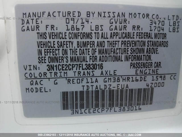 3N1CE2CP7FL383016 - 2015 NISSAN VERSA NOTE S/S PLUS/SV/SL/SR WHITE photo 9