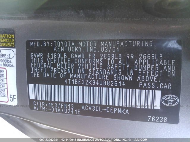 4T1BE32K94U882614 - 2004 TOYOTA CAMRY LE/XLE/SE GRAY photo 9