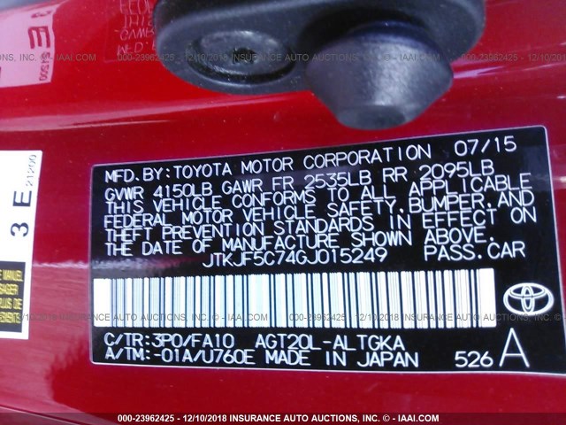 JTKJF5C74GJ015249 - 2016 TOYOTA SCION TC 红色 照片 9