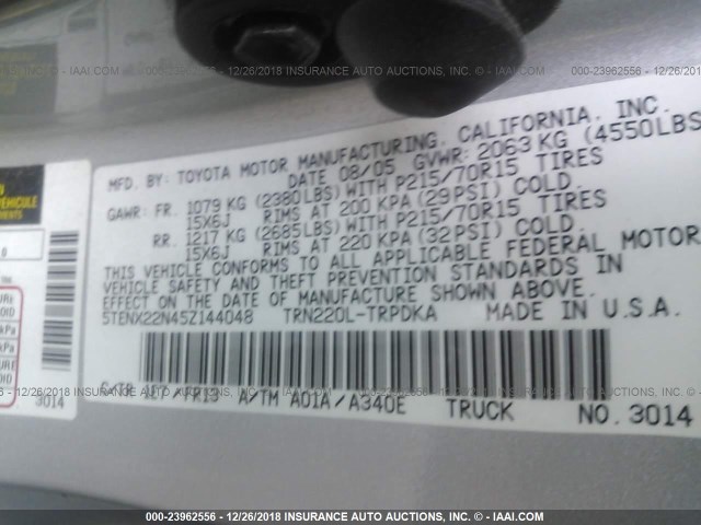 5TENX22N45Z144048 - 2005 TOYOTA TACOMA SILVER photo 9