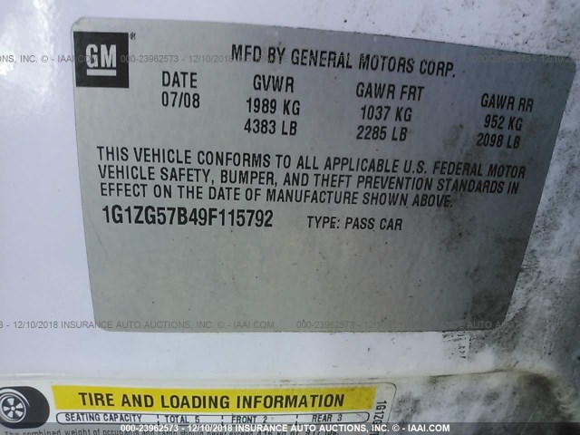 1G1ZG57B49F115792 - 2009 CHEVROLET MALIBU LS WHITE photo 9